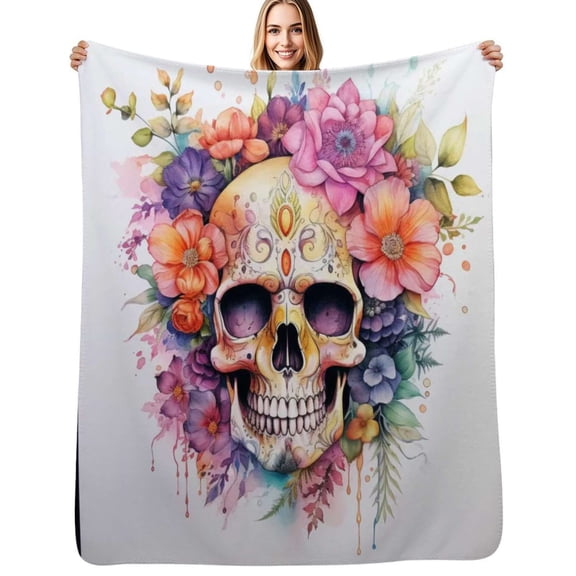 Skull with Leaves and Flowers Flannel Blanket Warm Soft Bedding Throws Winter Camping Chair Sofa Bed