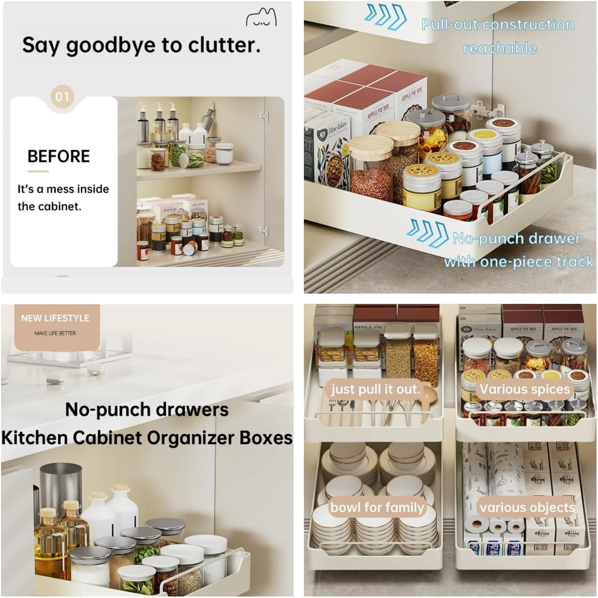 Pull Out Cabinet Organizer, Pull Out Telescopic Kitchen Drawer, No Drill Extendable Sliding Shelf and Storage for Kitchen, Cupboards, Pantry, Bathroom