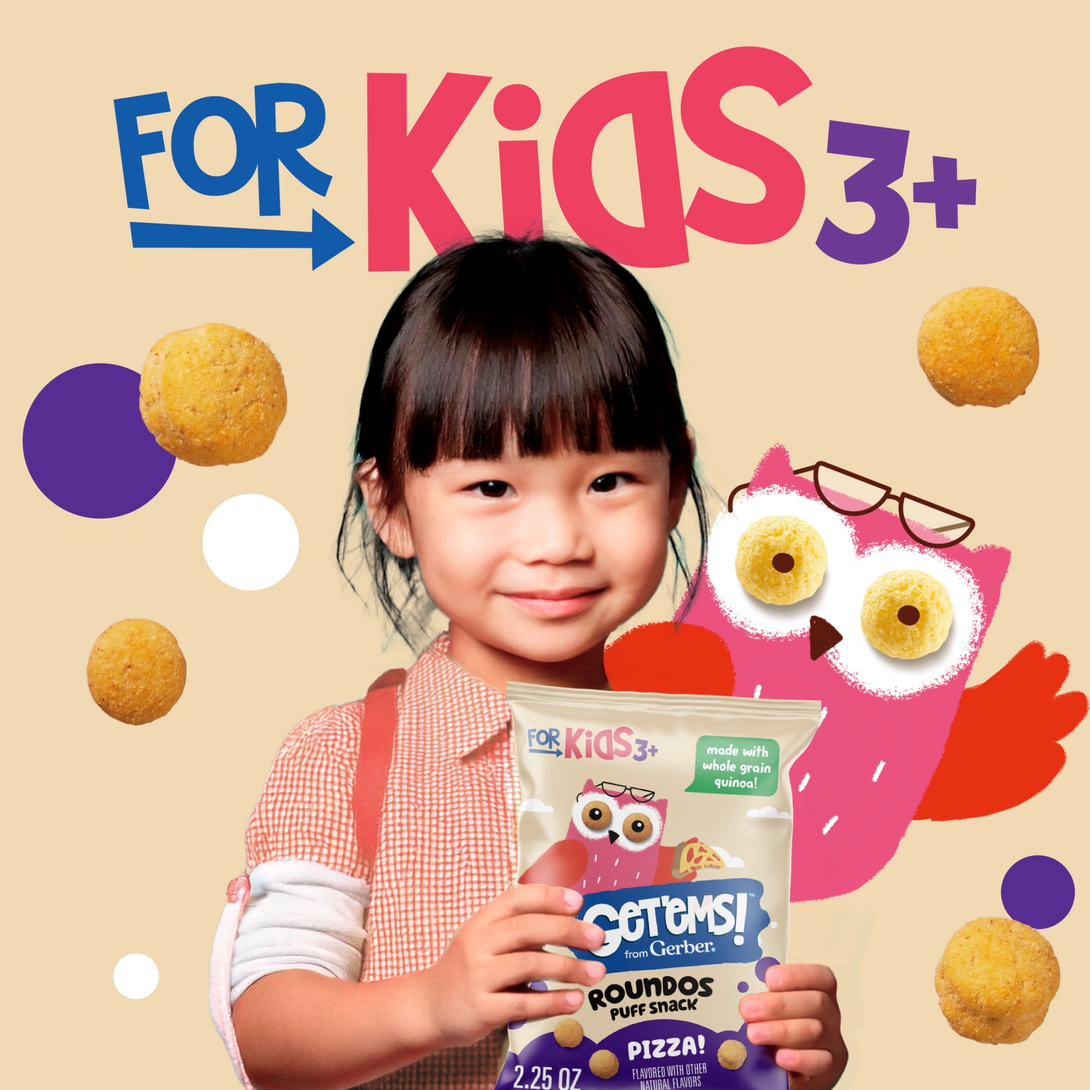 (6 pack) Get'ems from Gerber Pizza Roundos Puffs Snacks, Kids Snack Made with Whole Grain Quinoa, Calcium to Support Strong Bones 2.25 oz
