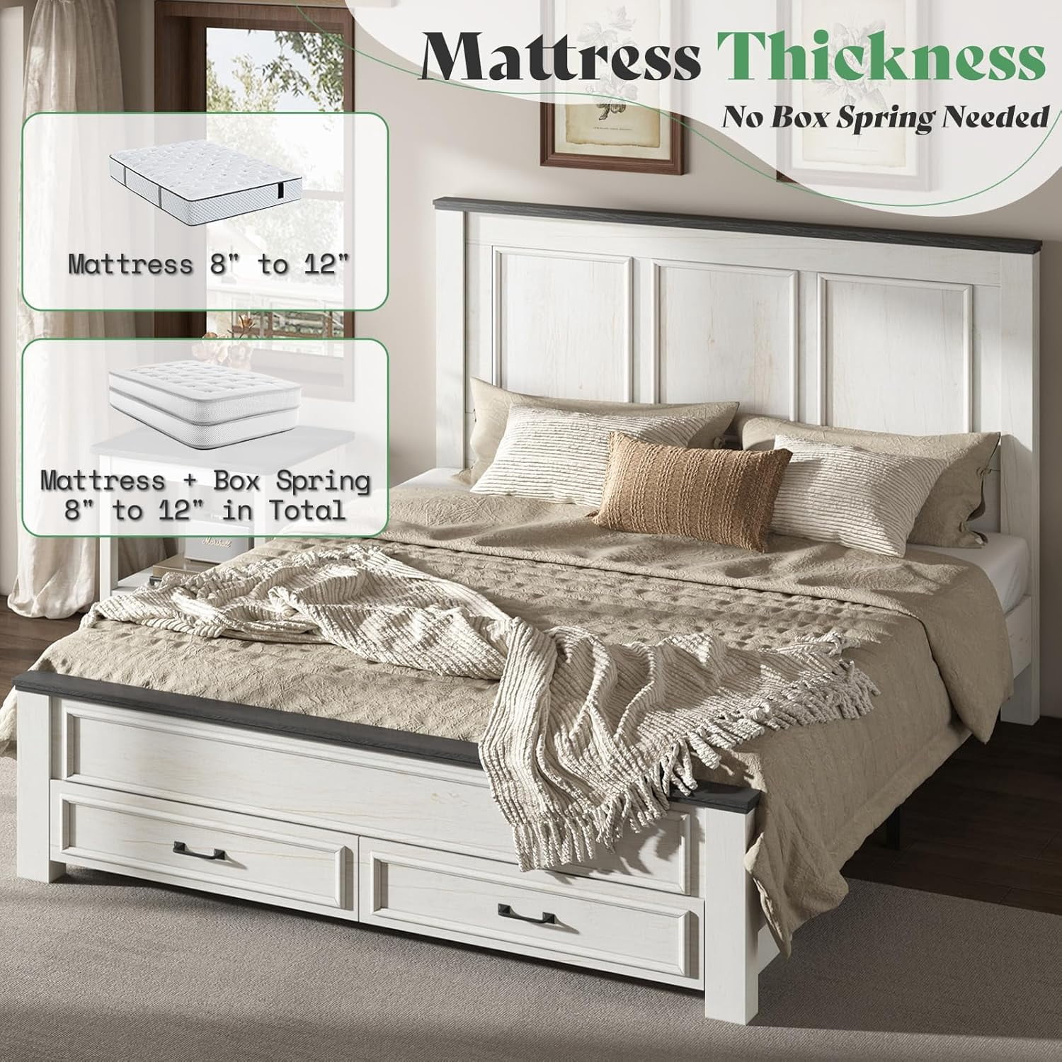 Merluxy Queen Size Farmhouse Bed Frame with 52.2" Wood Headboard & Storage Drawers, Rustic White