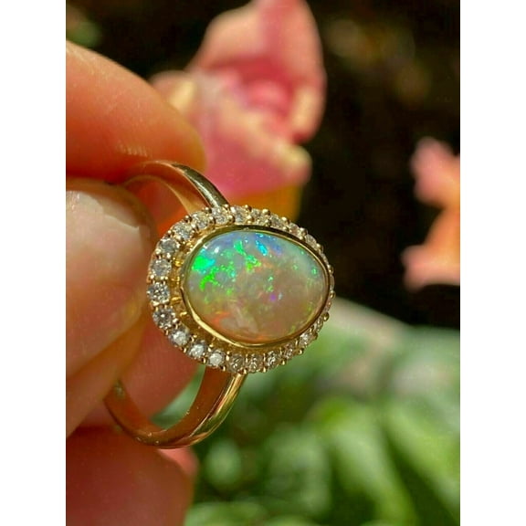 2.20 Ct Oval Cut Fire Opal Diamond Halo Wedding Ring 14K Yellow Gold Finish