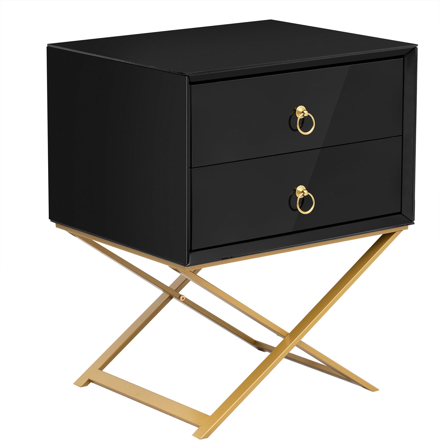 Kepooman Nightstand with 2 Drawers & Golden Handle, Storage Bedside Table, Black Kepooman Nightstand with 2 Drawers & Golden Handle, Storage Bedside Table, Black