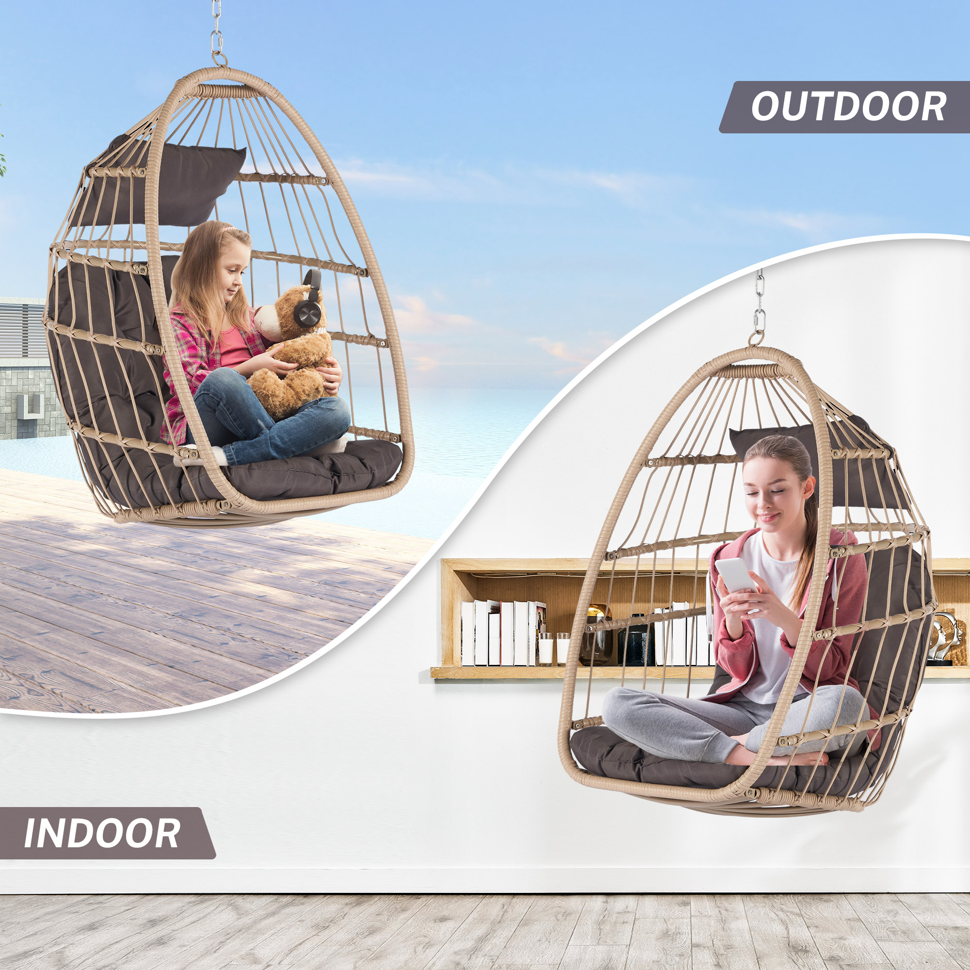 Egg Chair with Hanging Chains, SYNGAR Outdoor All Weather Wicker Hanging Hammock Chair with Dark Gray Cushions, Patio Foldable Basket Swing Chair, for Porch, Balcony, Backyard, Garden, Bedroom, D7708 - image 4 of 10
