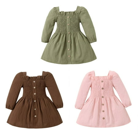 

SYNPOS 1-5 Years Girls Solid Long Sleeve Button Dress kids Casual Party Dress
