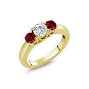 Gem Stone King 18K Yellow Gold Plated Silver 3-Stone Wedding Jewelry Bridal Ring Forever Classic Round 1.00cttw Created Moissanite by Charles & Colvard and Created Ruby