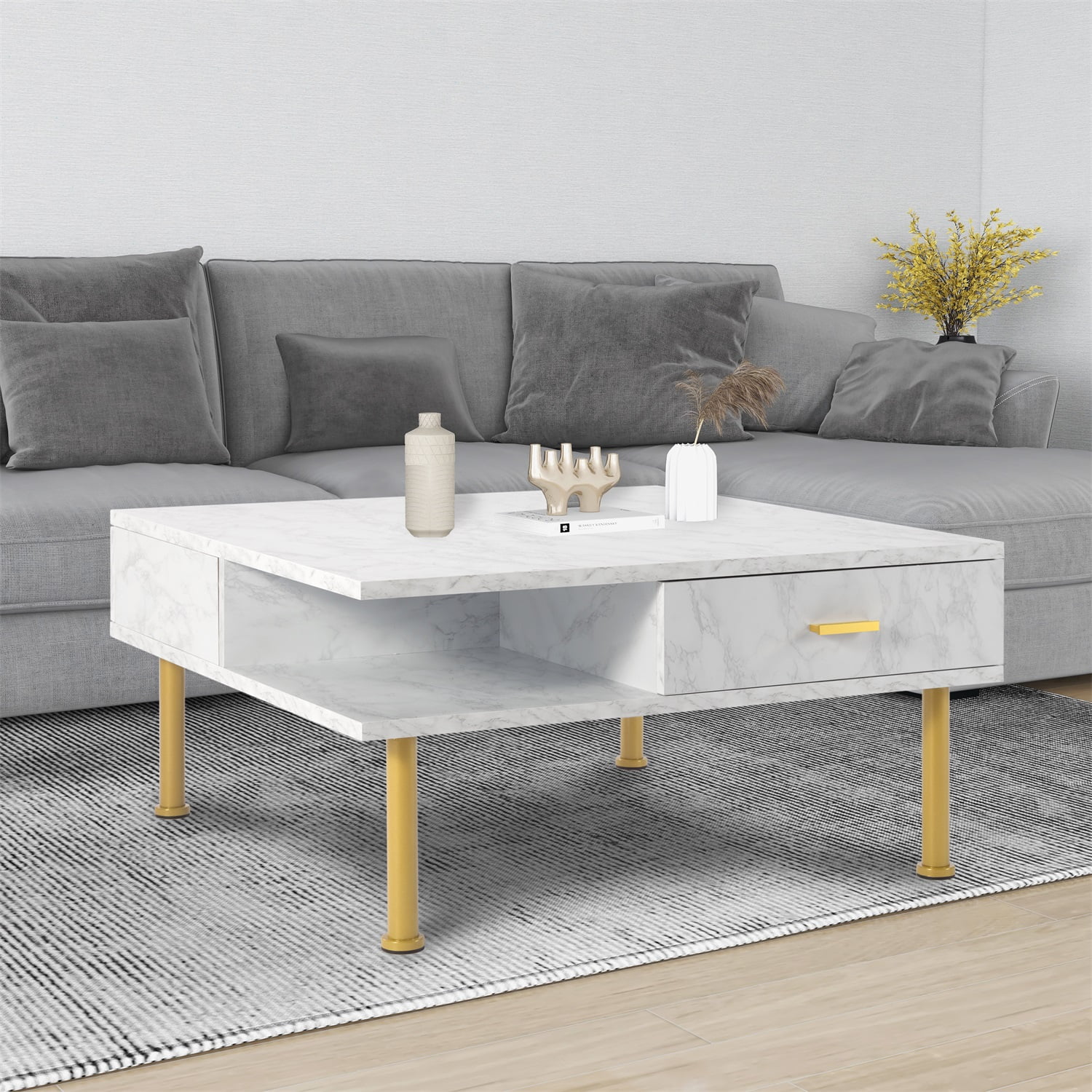Kadyn 31.5" Square Coffee Table, MDF Living Room Tables for Living Room, Modern MDF Coffee Table with Drawer, White Kadyn 31.5" Square Coffee Table, MDF Living Room Tables for Living Room, Modern MDF Coffee Table with Drawer, White