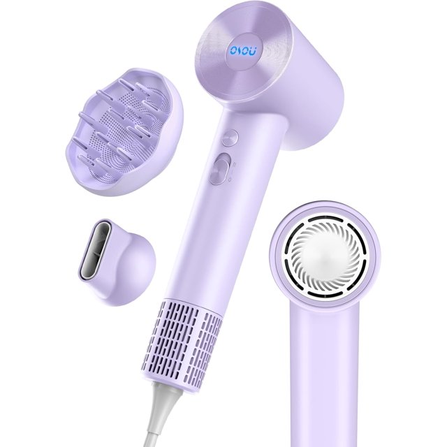 Negative Ionic Hair Dryer with 110,000 RPM Brushless Motor - High-Speed Lightweight Blow Dryer for Travel & Home Use, Fast Drying Low Noise Hair Drier with Nozzle & Diffuser, Purple