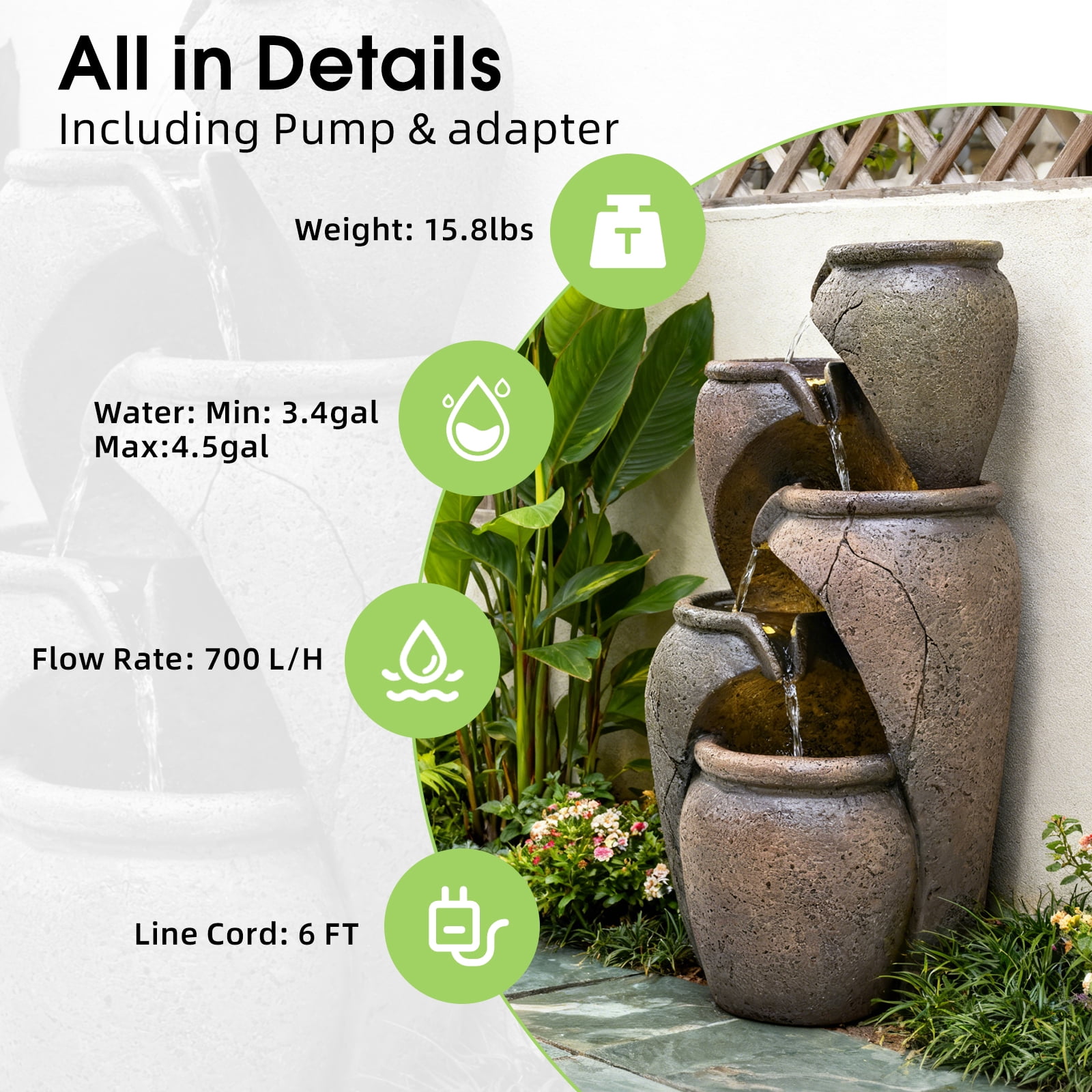 28" Outdoor Garden Water Fountain for Patio, Backyard, Deck, Porch and Home Decor, 4 Tiers Cascading Clay Pot Fountain with Lights & Pump