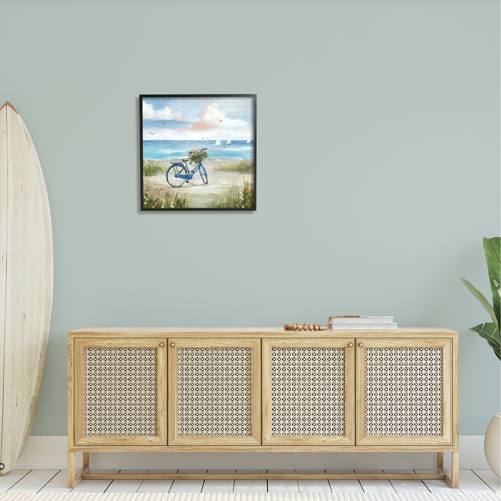 Stupell Industries Charming Blue Bicycle Floral Bouquet Distant Beach Sailboats , 24 x 24, Design by Nan