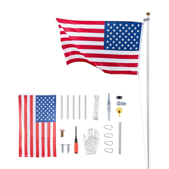 KFFKFF 25ft Heavy-Duty Sectional Flagpole Kit for Outdoor Use, Durable Aluminum Flagpole with 3x5 American Flag, Ideal for Residential or Commercial Spaces, Silver