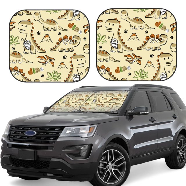 Balery Cartoon Dinosaurs Parasol para parabrisas de coche de 2 piezas | Parasol plegable para parabrisas delantero de coche para la mayoría de sedanes-Large