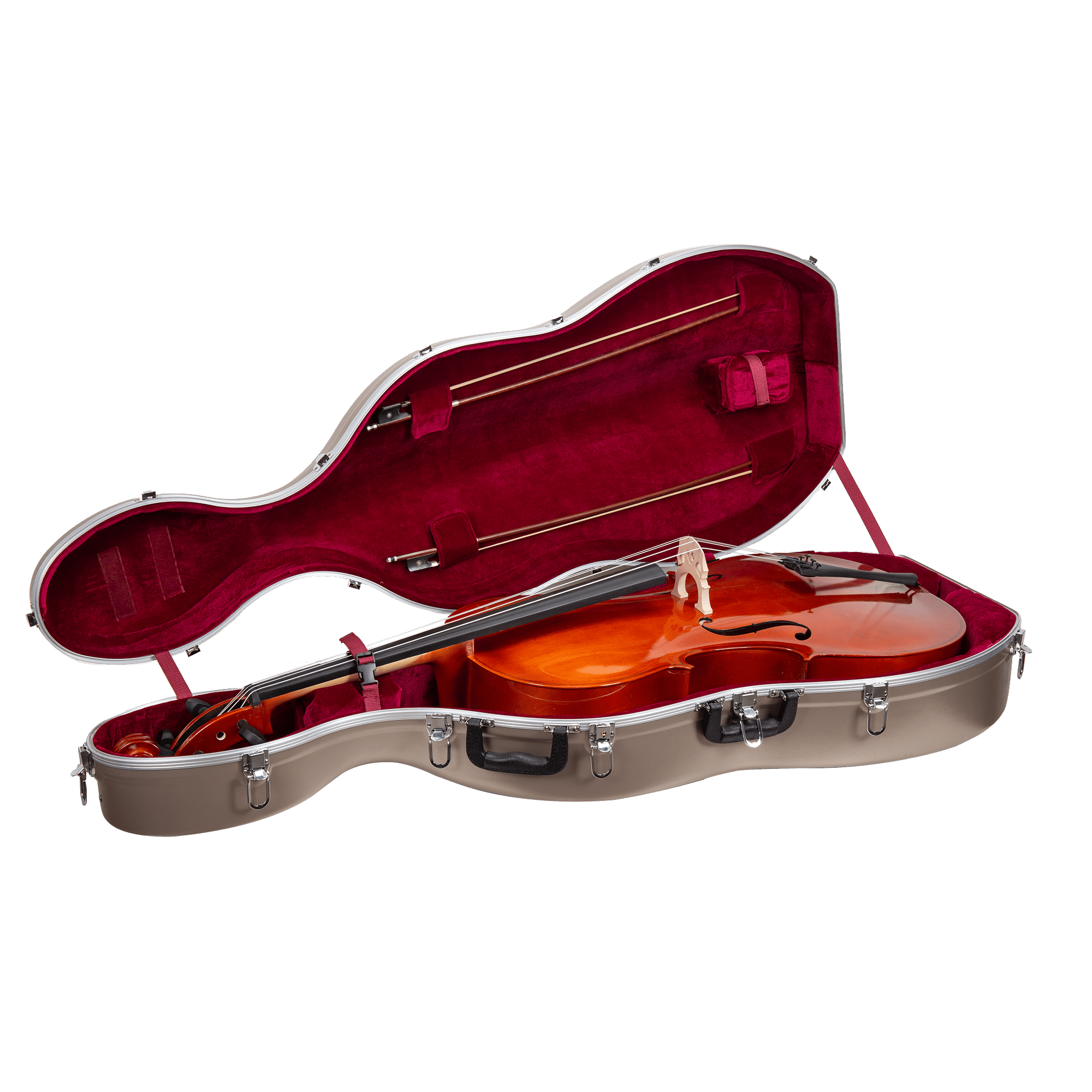 Crossrock 3/4 and 4/4 Size Cello Case | ABS Molded Hardshell with Wheels, Accessory Pocket, 2 Bow Holders, Security Lock, and Detachable Straps-Champagne
