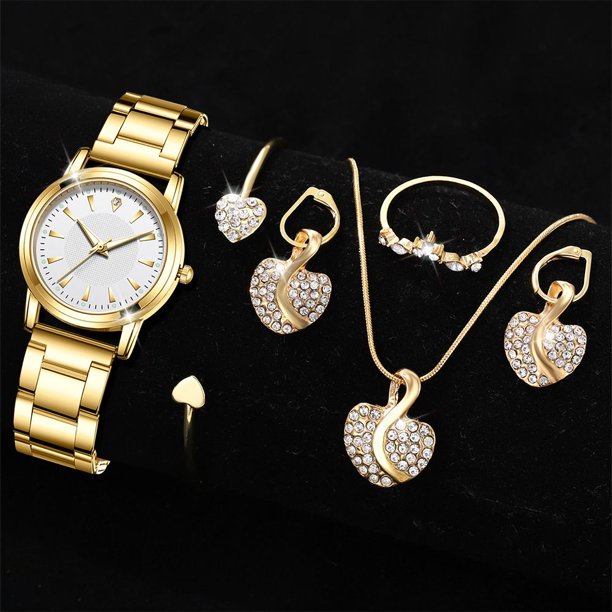 Reloj de cuarzo para mujer, anillo dorado de lujo para mujer, collar, pendiente, reloj de pulsera de moda con diamantes de imitación, relojes informales para mujer, conjunto de joyería 