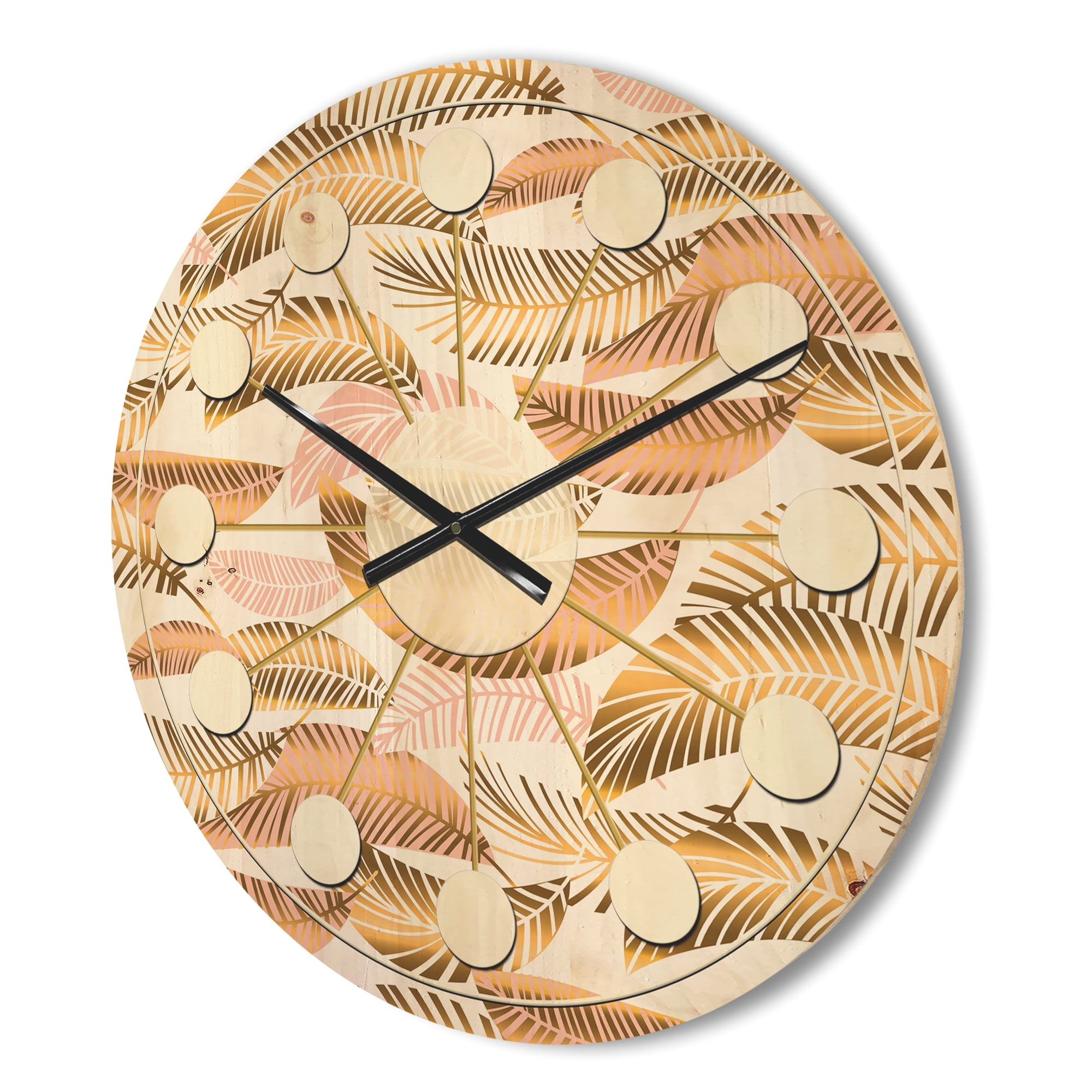 Designart 'Golden Tropical Leaves Pattern III' Mid-Century Modern Wood Wall Clock
