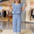 thumbnail image 6 of Amidoa Girls 2 Piece Outfits Summer Clothes Ruffle Sleeve Solid Color Tank Top Cute Sleeveless T-Shirt and Shorts Casual Kids Clothing Sets,Blue Size 6, 6 of 7