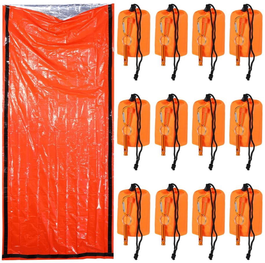 12 Pack Emergency Sleeping Bag with Whistle – Portable Survival Bivvy Sack, Waterproof & Windproof, Reflects Body Heat, Compact Survival Blanket for Camping, Hiking, Climbing & Outdoor Emergencies