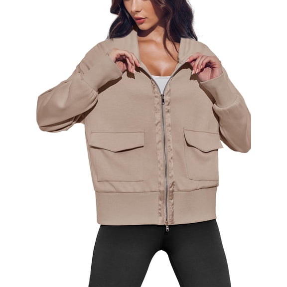 Women's Zip up Sweatshirt Collared Neck Long Sleeve Loose Casual Lightweight Jacket with Pockets
