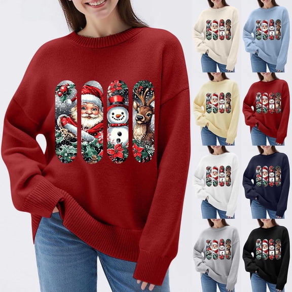Hueook Christmas Plus Size Sweaters for Women Fashion Women's Casual Solid Color Long Sleeve Round-Neck Blouses Shirts Tops Sweater Red L