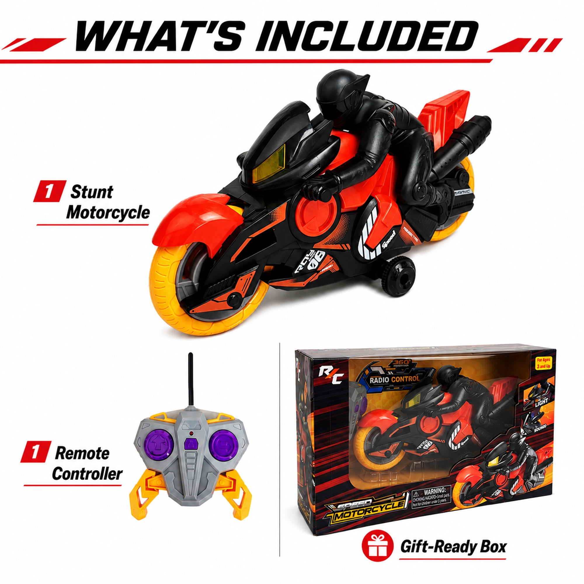 Stunt Motorcycle Toy with Remote Controller, 360° Spinning Motorbike with Side Drift Wheels, Indoor Racing Toy for Kids Ages 3+