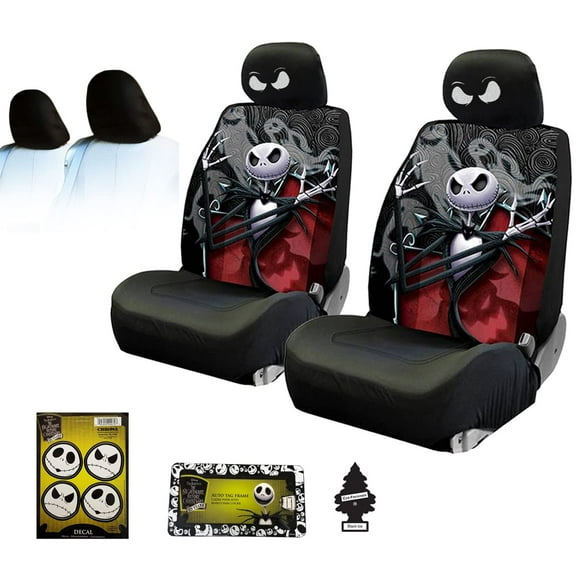 Yupbizauto Plasticolor Nightmare Before Christmas Jack Skellington Car Truck SUV Seat and Headrest Covers Bundle Set with Front Seat Protector, Auto Accessories, Halloween Decor, Universal Fit, Black