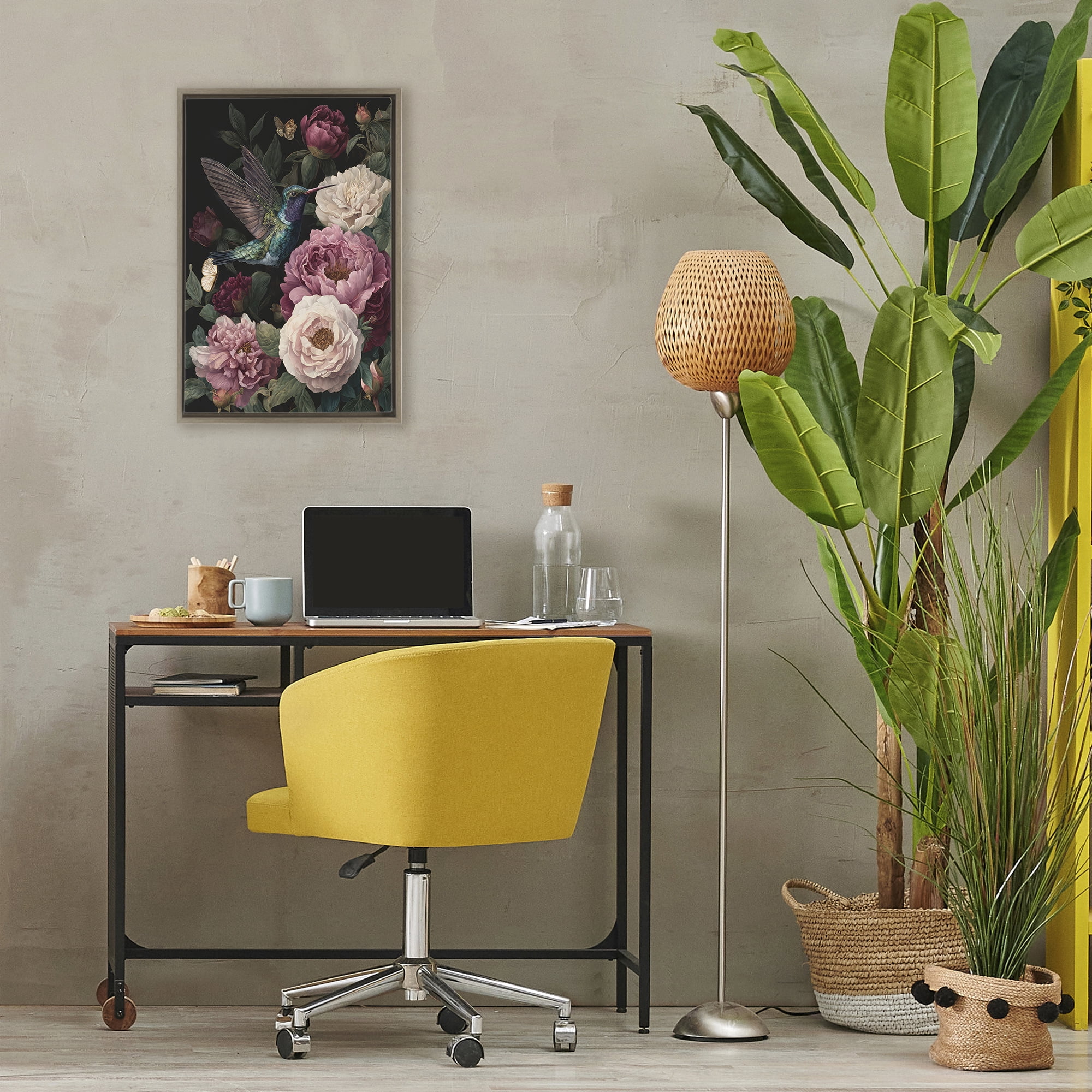 Stupell Industries Hummingbird & Lush Peonies Brown Framed Floater Canvas Wall Art, design by The Wands Want