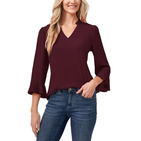 Women's 3/4 Sleeve Ruffle-Sleeve V-Neck Blouse Rich Cabernet XL