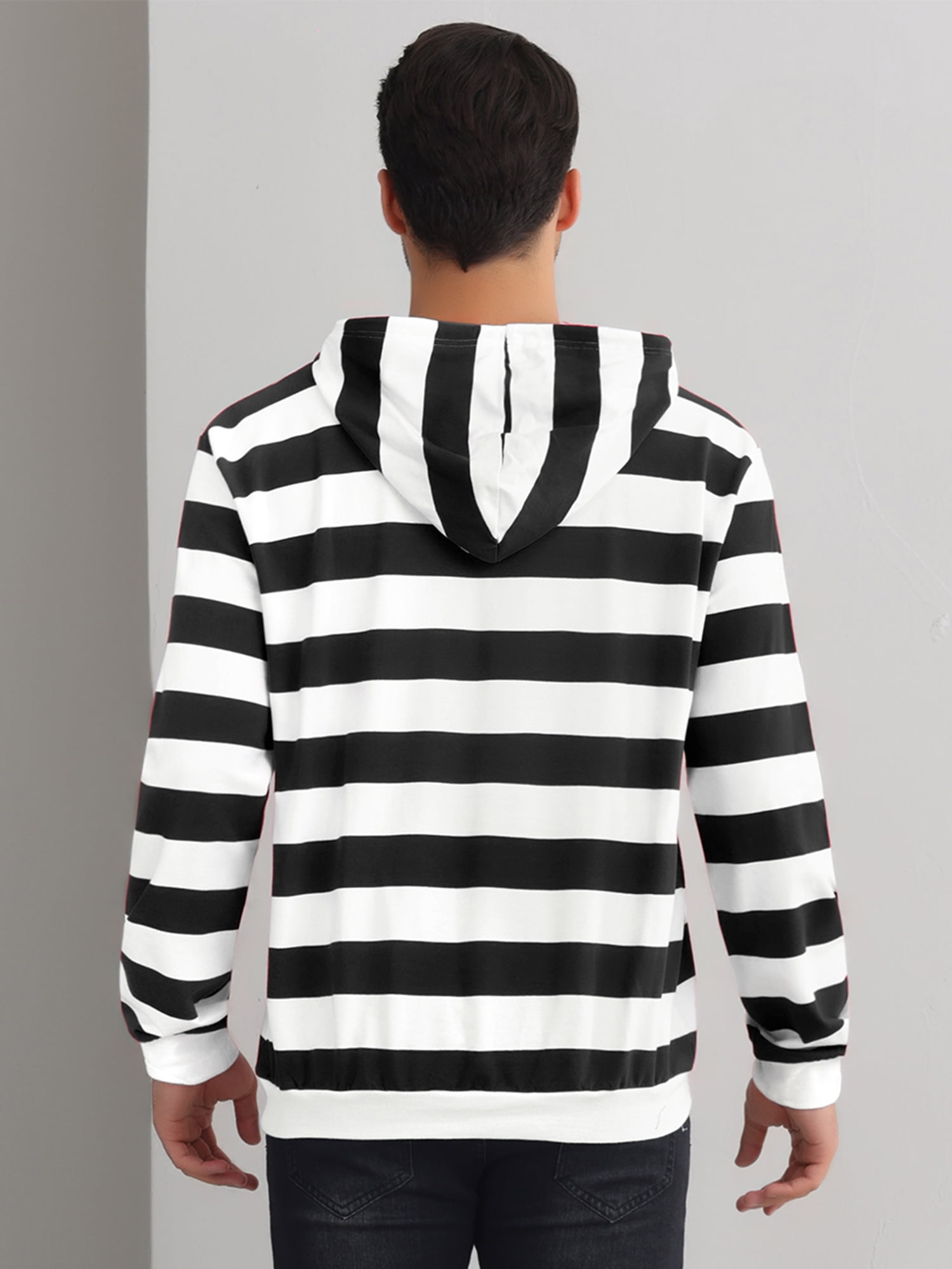 DARING DIVA Men's Striped Long Sleeves Drawstring Pullover Sweatshirts Hoodie L Black White