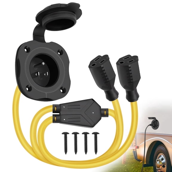 Filluck 15A AC Port Plug, 125V RV Shore Power Inlet Socket NEMA 5-15 Waterproof Electrical Outlet Receptacle Box with Integrated Dual 16" Extension Cord, Y Splitter Plug for RV/Trailer/Boat