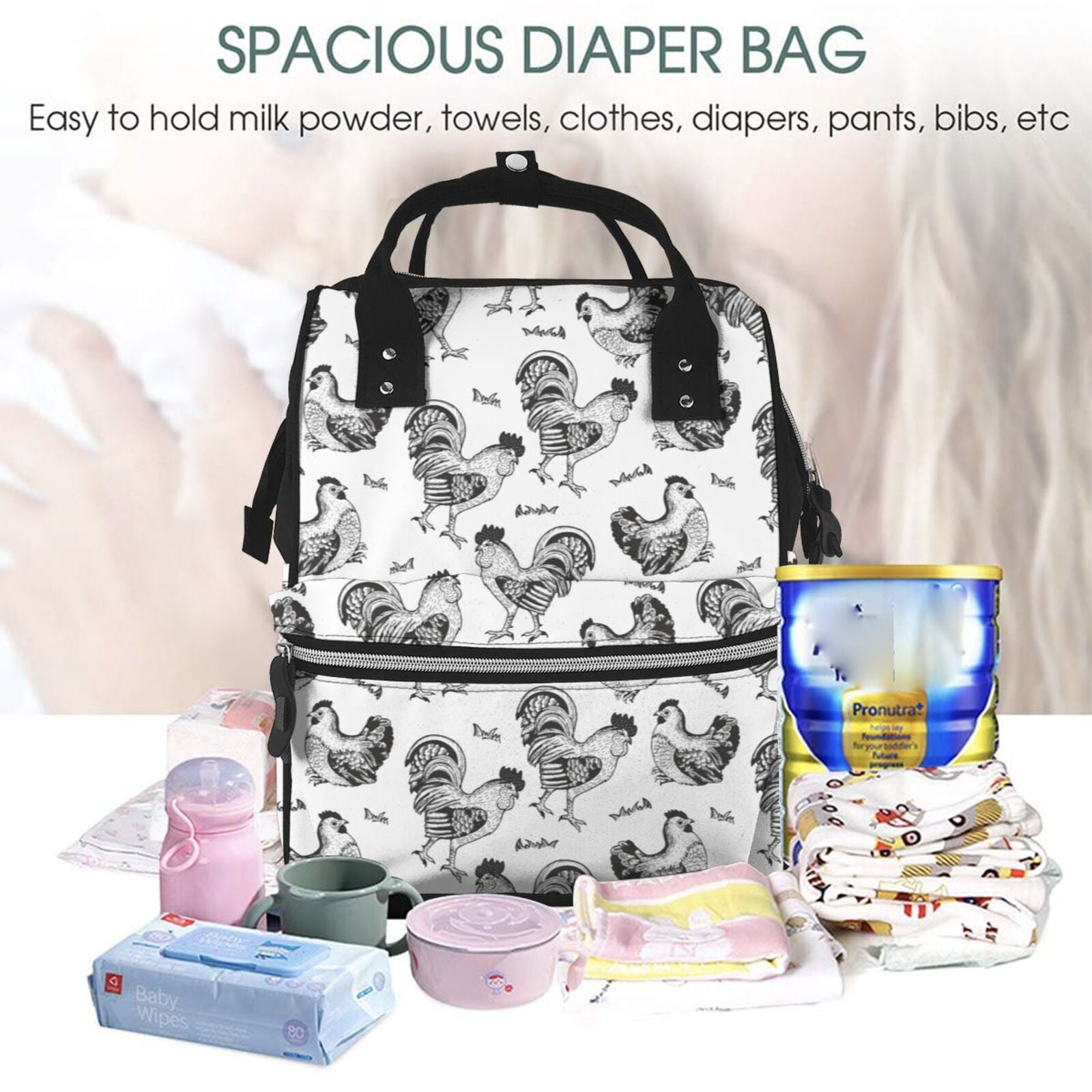 Ratiio Retro Rooster Mummy Backpack - Waterproof Twill Canvas, Large Capacity Diaper Bag with Multiple Pockets and Adjustable Straps