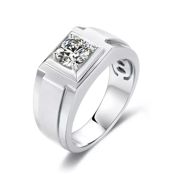 Forever Jewels 1Ct Round Moissanite Mens Solitaire Ring 14K White Gold Plated