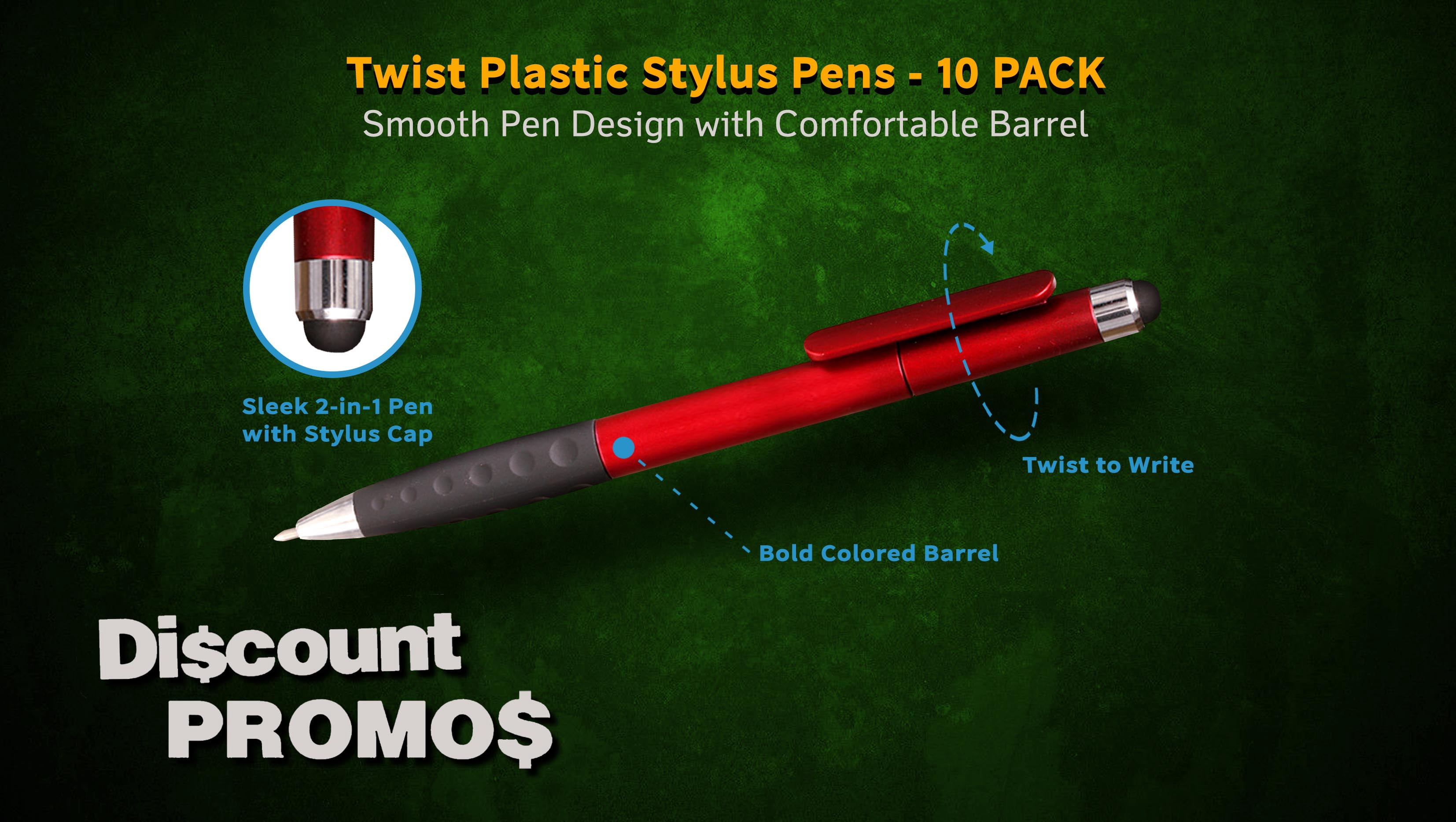 10 Twist Plastic Stylus Pens Pack - Ballpoint, Rubber Grip - Red