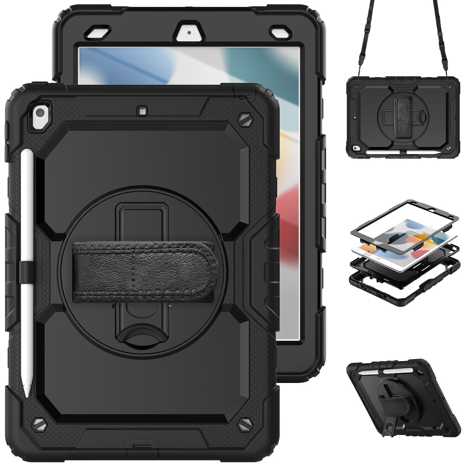 Case for iPad 9th 8th 7th Gen 10.2 inch 2021 2020 2019 with Screen Protector, 360 Degree Rotating Kickstand Hand Strap Heavy Duty Shockproof Cover with Shoulder Strap, Black