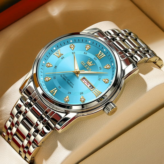OLEVS Watches for Men Classic Business Dress Analog Quartz Stainless Steel Waterproof Luminous Date Diamond Mens Wrist Watches Relojes De Hombre,Gold/Blue/Black Dial