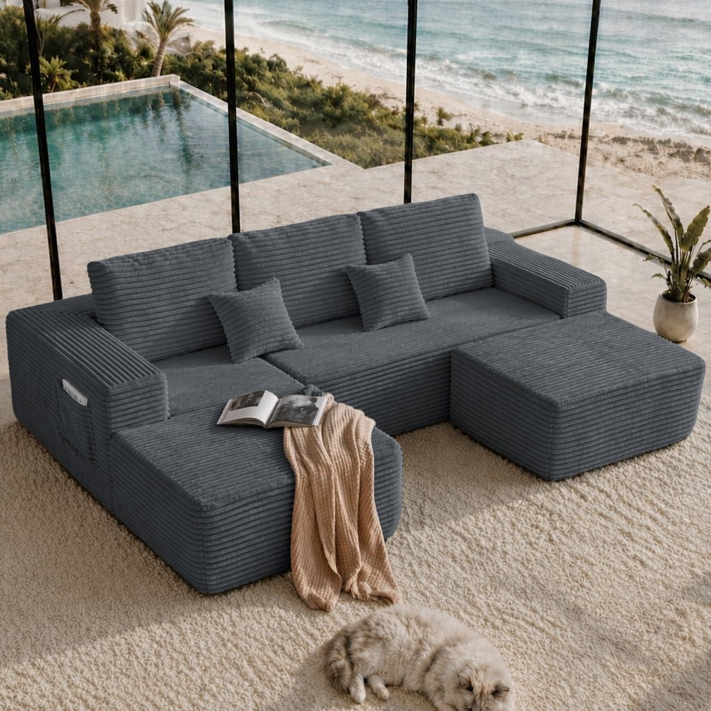 Cloud Sectional Sofa 104 Inch, U-Shape Modular Couch with Side Pockets and Deep Seating, Upholstered Living Room Sofa, No Assembly Required, Grey, Left Chaise