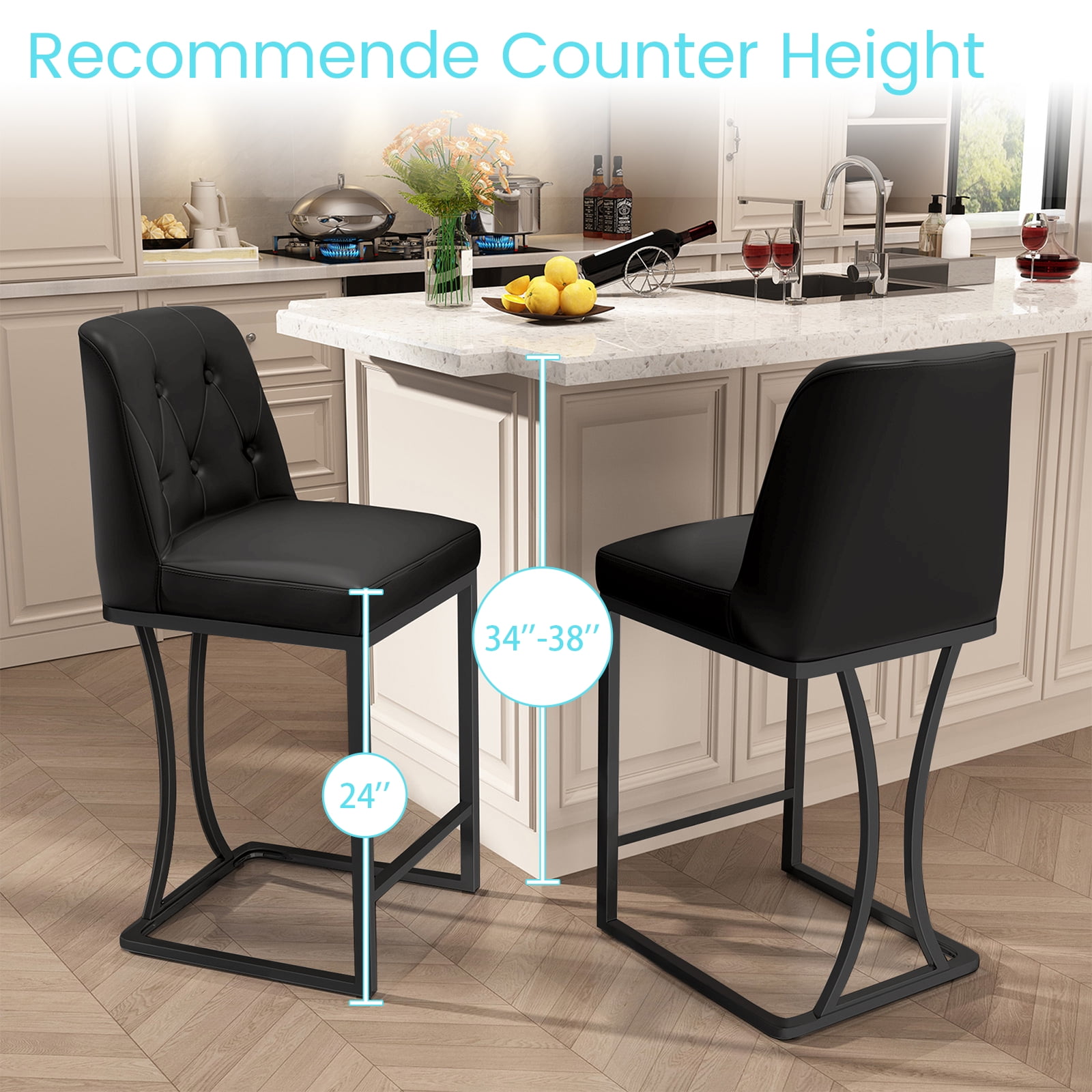 Ninecer Black Counter Height Bar Stools Set of 2, 24 inch Counter Stools Pu Leather Modern Bar Chairs with Back for Kitchen Island