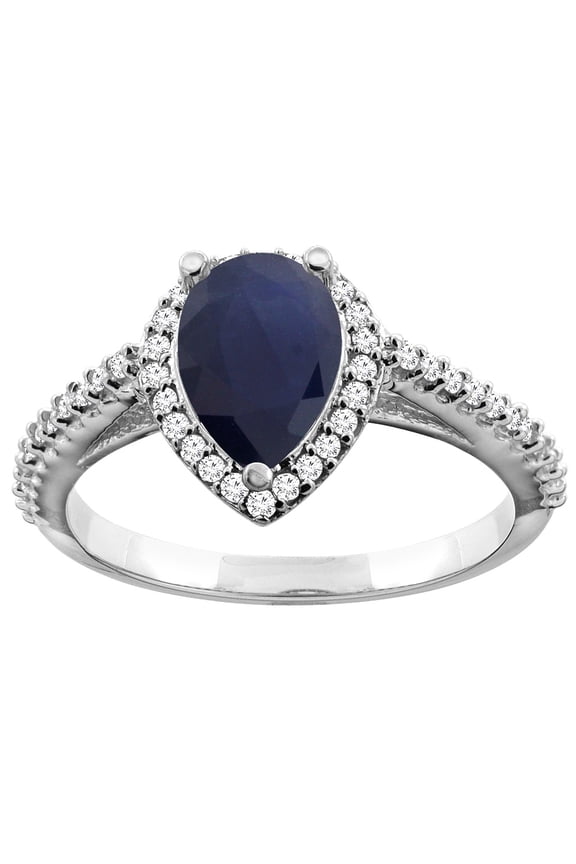 14K White Gold Natural Diffused Ceylon Sapphire Ring Pear 9x7mm Diamond Accents, size 7