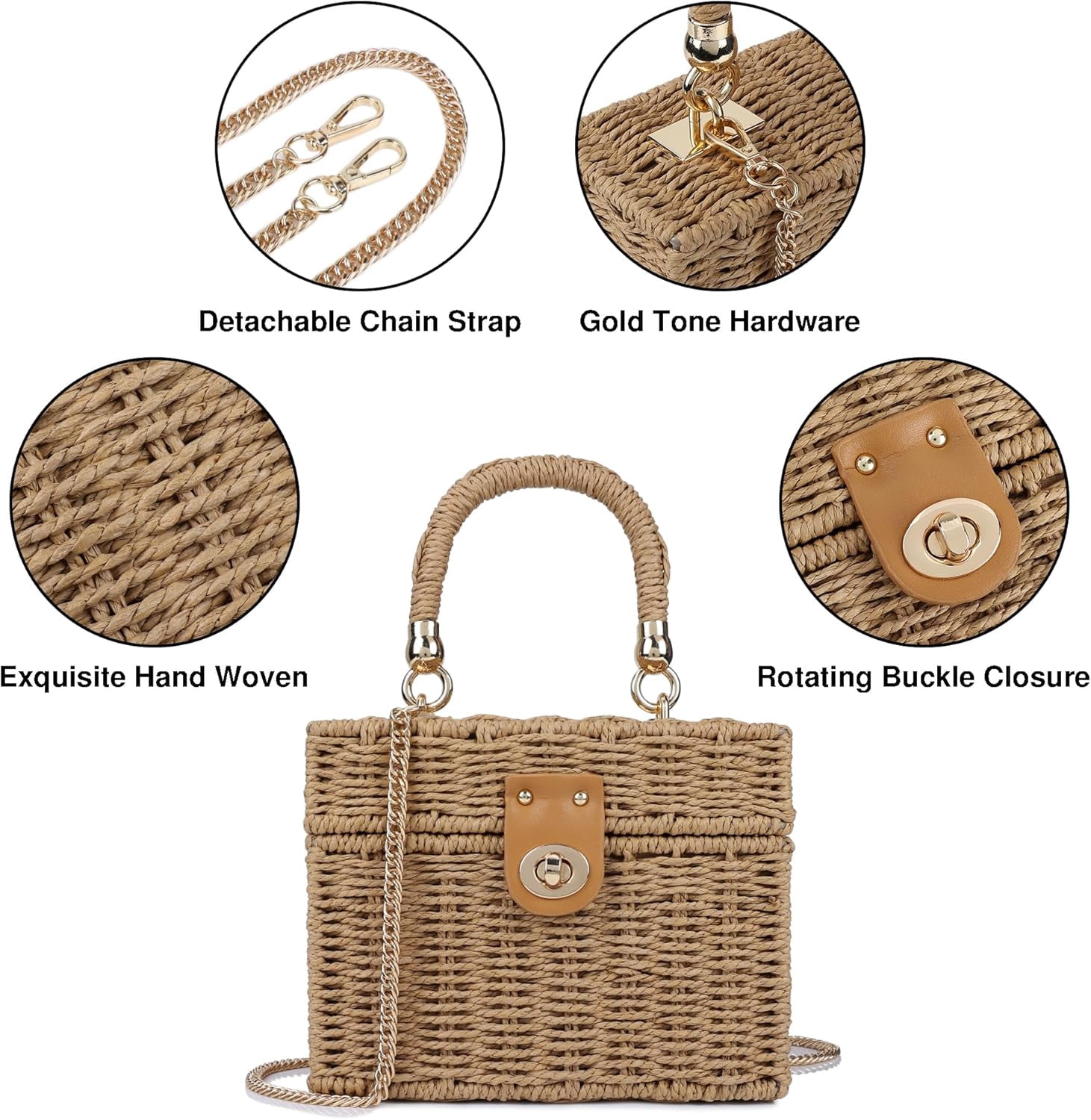 Handwoven Rattan Bag for Women Wicker Crossbody Shoulder Bag Straw Beach Tote Bag