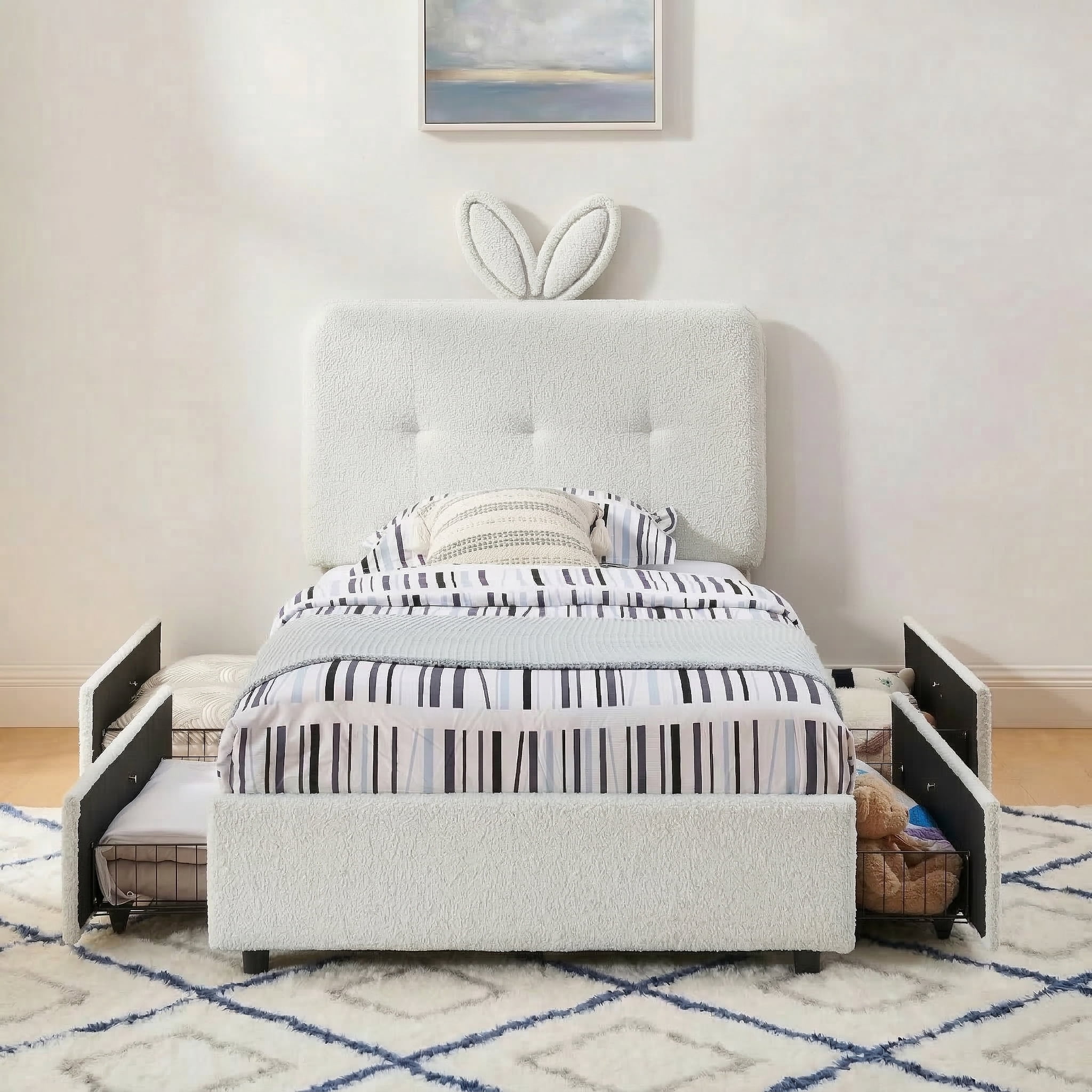 Aisword Twin Upholstered Bed Frame with 4 Storage Drawers & Rabbit Ear LED Headboard, No Box Spring Needed, Wooden Slats Support, Beige