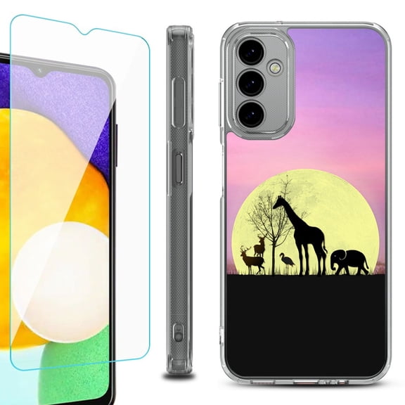 Shockproof Bumper Phone Case for Samsung Galaxy A14 5G, with Tempered Glass Screen Protector, by OneToughShield ® - Moonlight Safari