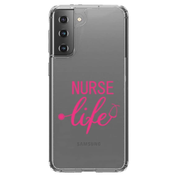 DistinctInk Clear Shockproof Hybrid Case for Galaxy S21 5G (6.2" Screen) - TPU Bumper Acrylic Back Tempered Glass Screen Protector - Nurse Life Stethoscope Pink