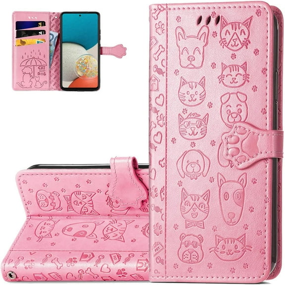 Wallet Phone Case for Samsung Galaxy A53 5G,Cute Cartoon Cat Dog Pattern PU Leather Case with Magnetic Clasp and Cash Card Slots Holder Cover for Samsung Galaxy A53 5G CD Pink