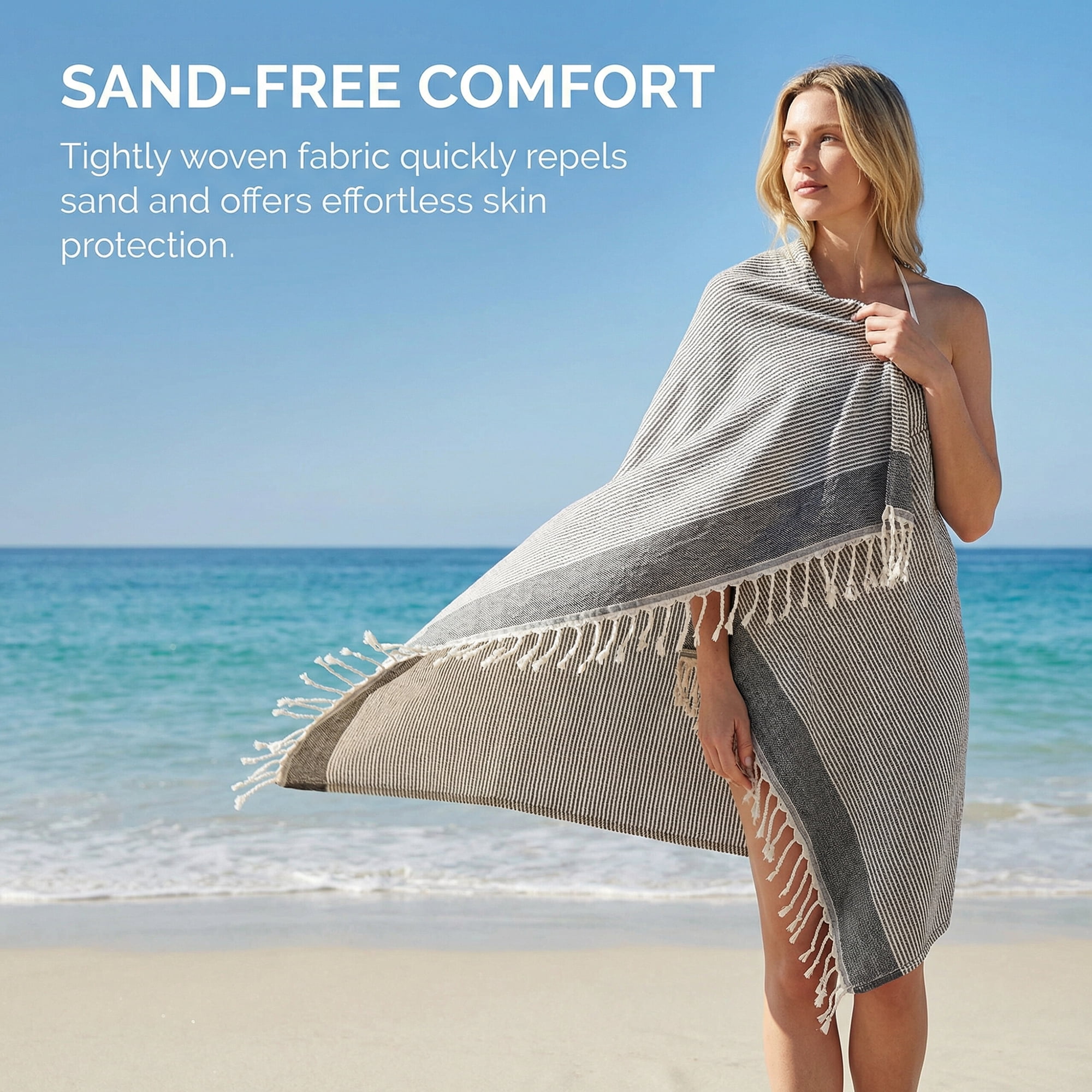 Unique Bargains Lightweight Sand Free Quick Dry Turkish Towel Black/Blue 71"x40"