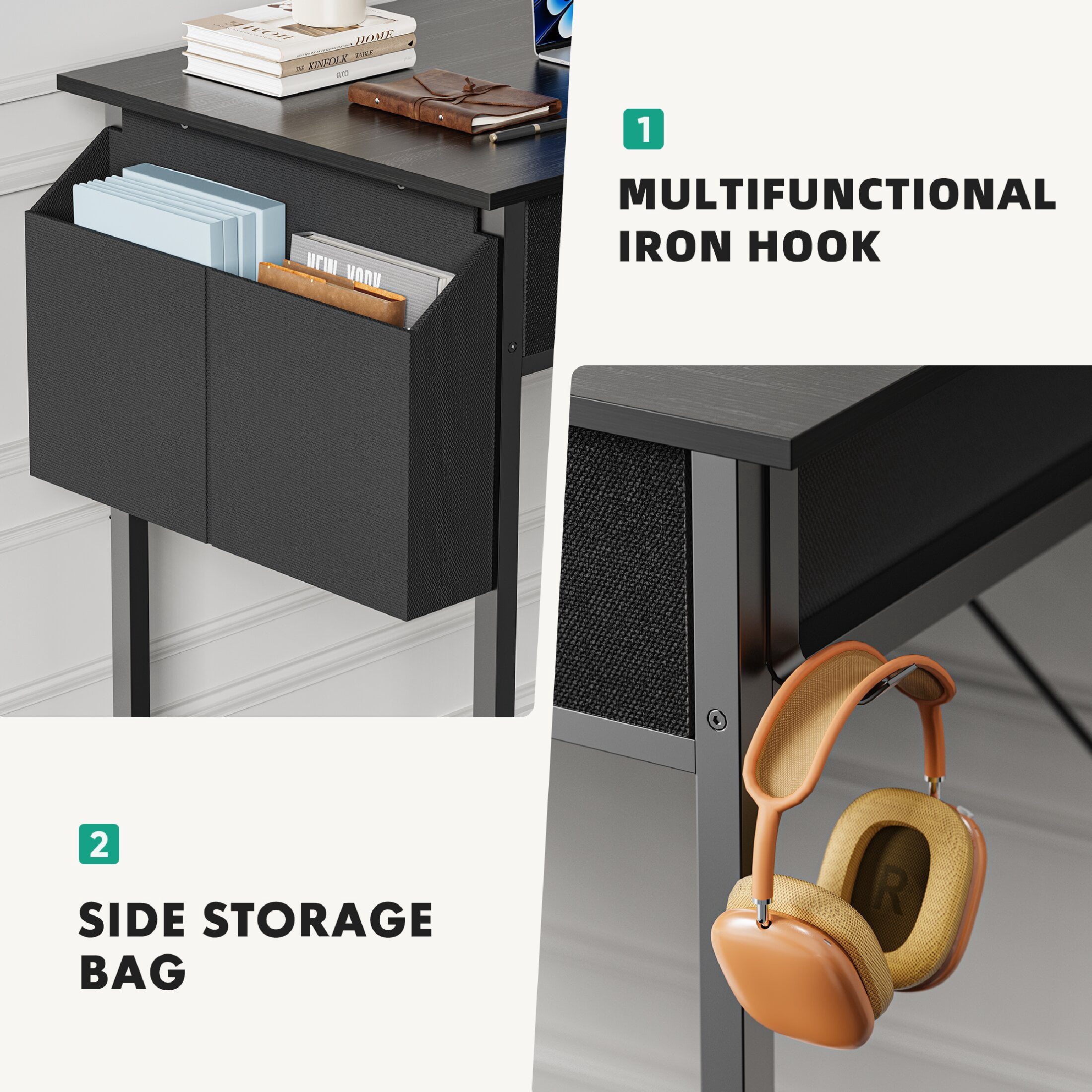CONCETTA 32" Computer Desk with Drawers, Storage Bag, Headphone Hook, Metal Frame, Adjustable Feet for Home Office Bedroom, Black