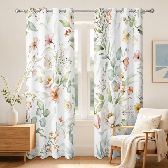 Watercolor Floral Blackout Curtains For Living Room Bedroom,2 Panels,63 Inch Length,Thermal Insulated Grommet Top Window Drapes