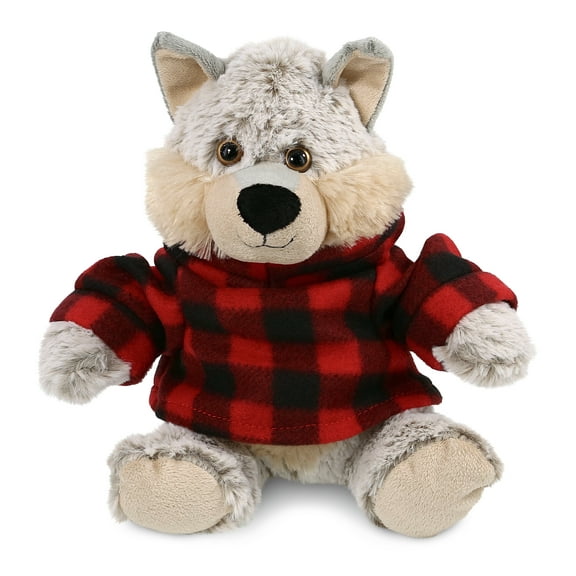 DolliBu Super Soft Sitting Wolf Stuffed Animal with Plaid Red Hoodie Sweater - Cute Wolf Plush Lumberjack Stuffed Toy with Plaid Jacket Dress Up for Christmas, Holiday, Winter - 9 Inches