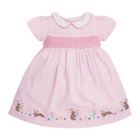 

Summer New Pink Cute Cartoon Rabbit Pattern Fashion Girl Dress Lapel Striped Short Sleeve Dress Baby Girl Clothes