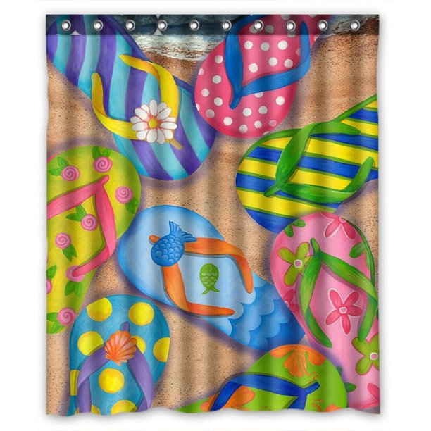 GCKG Flip Flops Slippers Art Bathroom Shower Curtain, Shower Rings