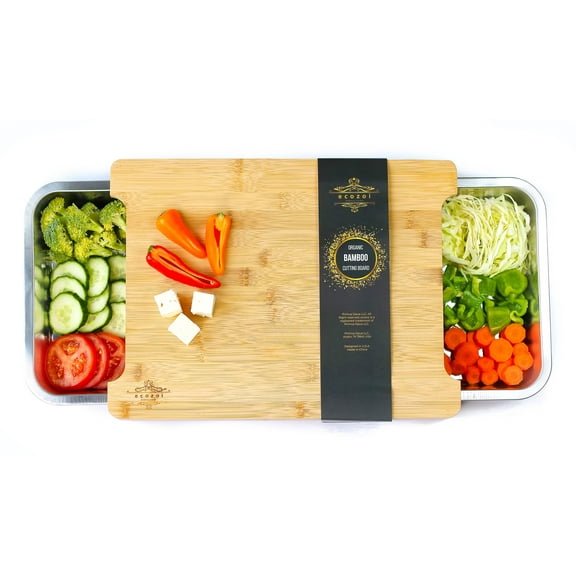 Ecozoi Wooden Cutting Boards for Kitchen, Bamboo Cutting Board with 2 Organizing Stainless Steel Trays, Beige