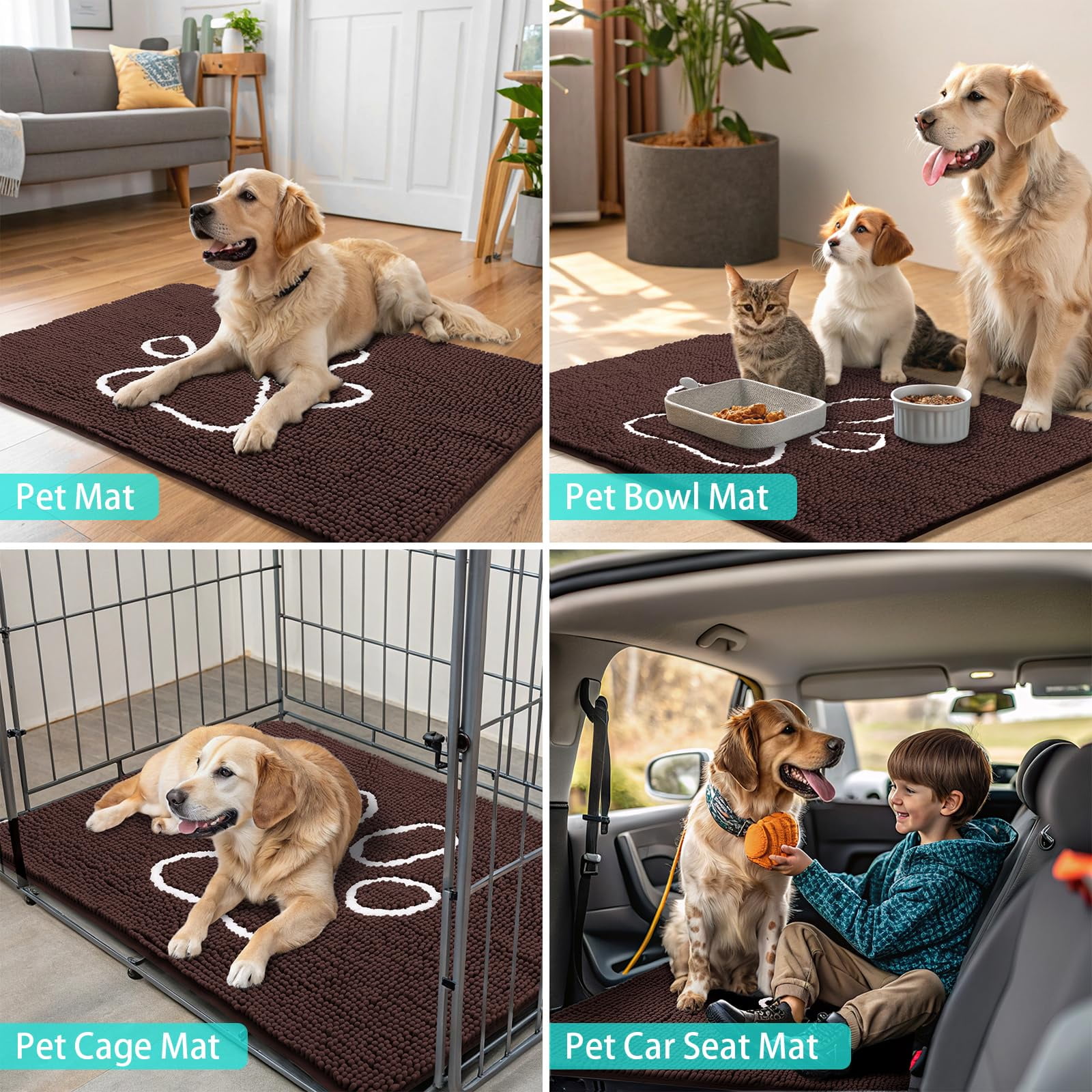 Buganda Dog Door Mats for Muddy Paws, Washable Dirt Trapper Front Door Rugs, Non-Slip Absorbent Chenille Indoor Doormats(36"x24", Brown)
