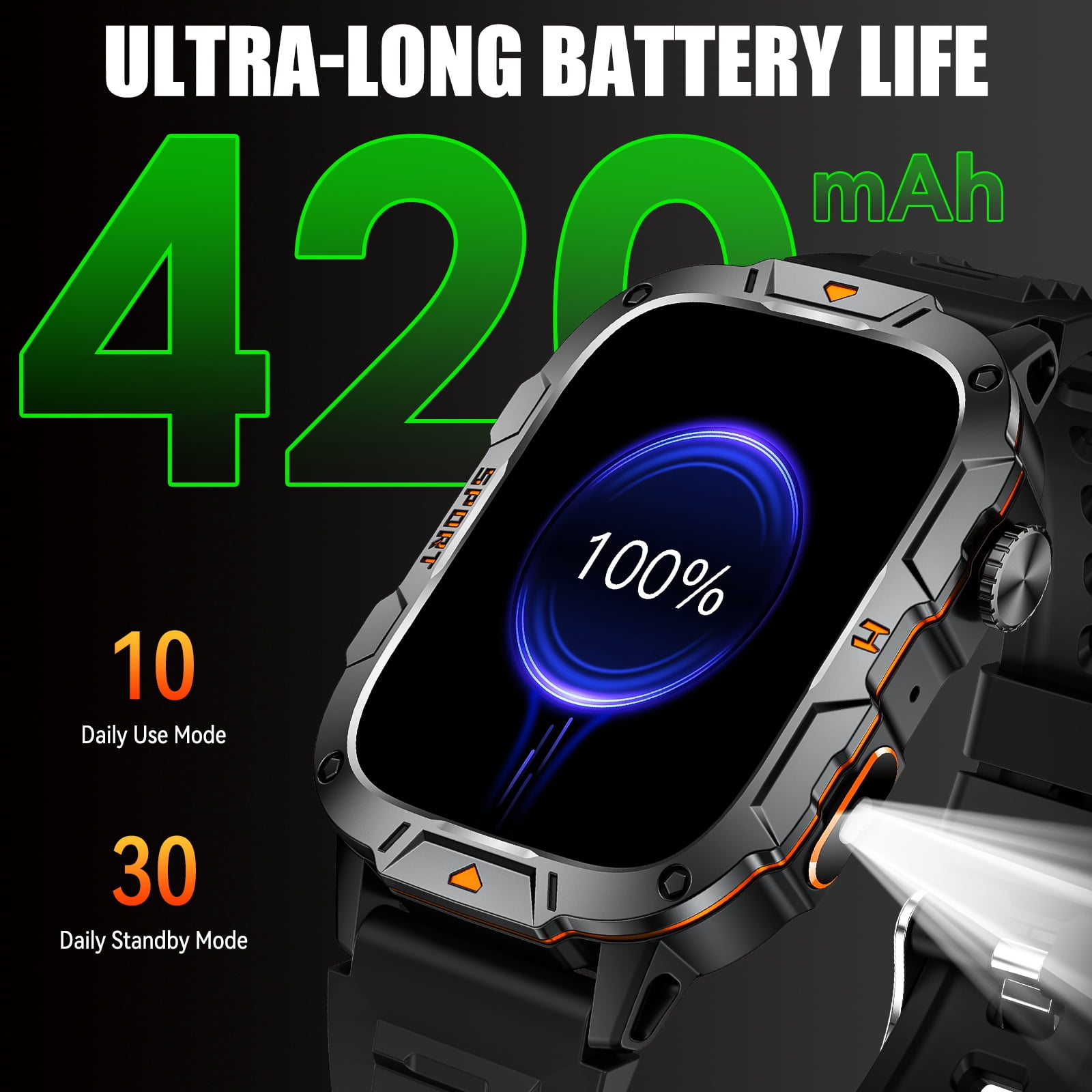 Cyberdyer Men's Smart Watch with LED Flashlight, 1.96" HD Screen, 100+ Sports Modes, 25-Day Standby, Compatible with iPhone & Android, Holiday Gift